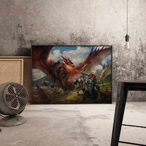 Poster Monster Hunter World, Arte murale di videogiochi, Stampa su carta Kraft, Arte murale di creature fantasy, Decorazione per giocatori