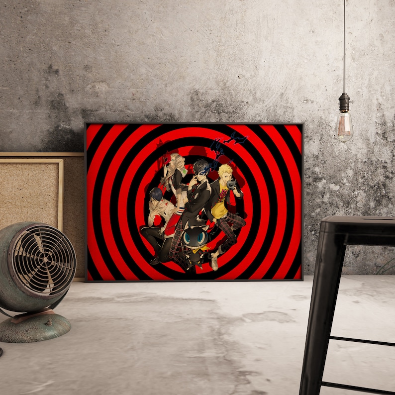 May include: A black framed poster with a red and black circular pattern. The poster features a group of five anime characters, including a black and white masked figure, standing in front of a red and black background.