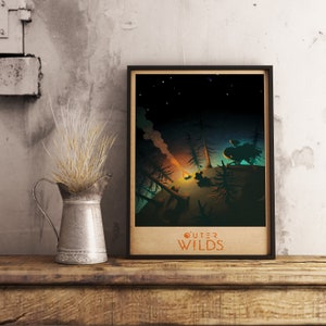 Póster del juego Outer Wilds, arte mural de exploración cósmica, decoración de pared de aventuras de ciencia ficción, regalo para jugadores