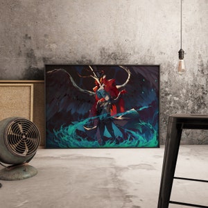 May include: A digital art print featuring two figures with wings, one in red and one in black, standing in a swirling blue and green mist.