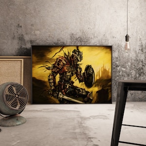 Poster Dark Souls, Bonfire Wall Art, Decorazione murale per videogiochi fantasy epico, Stampa su carta Kraft, Custode del fuoco, Regalo per giocatori