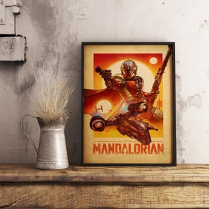 Poster The Mandalorian, stampa su carta kraft in stile vintage, arte murale di Star Wars, arredamento unico per la casa, regalo per gli appassionati di fantascienza
