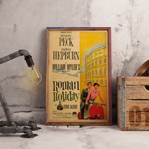 Póster de la película Vacaciones en Roma, Audrey Hepburn y Gregory Peck, impresión de película clásica en papel Kraft, arte cinematográfico romántico vintage