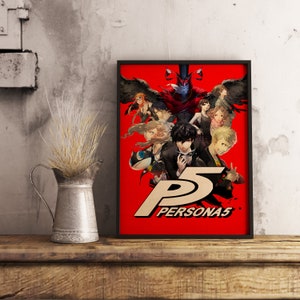 May include: A red poster with a black frame featuring a group of anime characters from the video game Persona 5. The characters are standing in front of a large, stylized "P5" logo with the text "PERSONA5" below it.