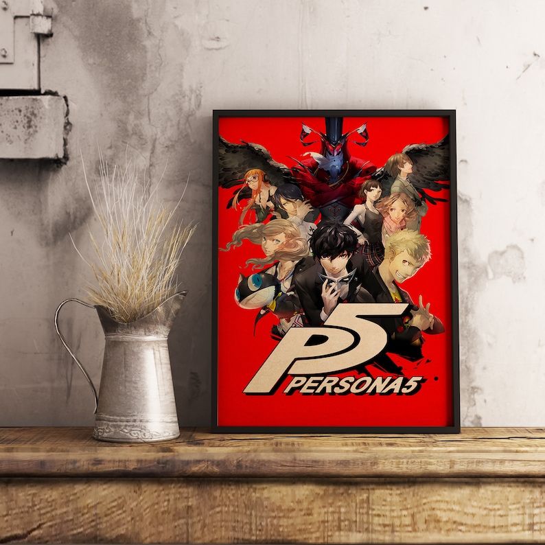May include: A red poster with a black frame featuring a group of anime characters from the video game Persona 5. The characters are standing in front of a large, stylized "P5" logo with the text "PERSONA5" below it.