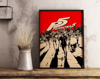 Persona 5 Game Poster - Stylish RPG Art Print, Phantom Thieves, Cityscape Background, Kraft Paper Wall Art, Gift for Gamers
