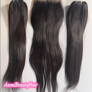 premium Bone Straight Raw Hair Extentions 12 Inch with 5x5 HD Closure, 2 Bundles, Natural Black/Brown, Single Donor, 100% Unprocessed Hair