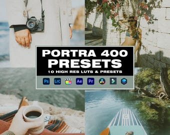 May include: A set of 10 high-resolution Lightroom presets and LUTs for photo editing. The presets are designed to emulate the look of Portra 400 film. The image shows a variety of scenes, including a person holding a camera, a person sitting on a dock, and a person standing in front of a brick wall. The text "PORTRA 400 PRESETS" is displayed in a large font at the top of the image. The text "10 HIGH RES LUTS & PRESETS" is displayed below the main title. The image also includes icons for Photoshop, Lightroom, After Effects, Premiere Pro, and Final Cut Pro.
