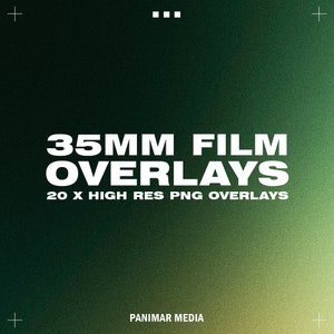Puede incluir: Un fondo degradado verde y amarillo con texto blanco que dice "35MM FILM OVERLAYS 20 X HIGH RES PNG OVERLAYS" y "PANIMAR MEDIA".