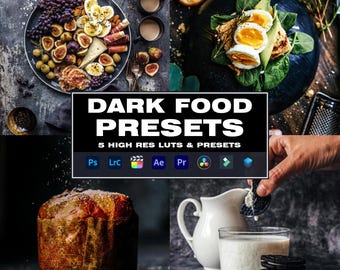 May include: Five dark food presets for photographers and graphic designers. The presets are compatible with Photoshop, Lightroom, After Effects, Premiere Pro, Final Cut Pro, and Davinci Resolve. The presets are designed to give your food photos a moody and dramatic look.