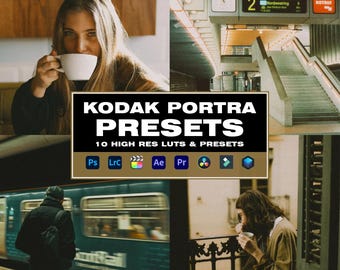 May include: A digital product listing for 10 high-resolution Kodak Portra presets for photo editing software. The presets are compatible with Photoshop, Lightroom, After Effects, Premiere Pro, Final Cut Pro, Davinci Resolve, and Filmora. The image shows a woman drinking coffee in a cafe, a train station, and a woman drinking coffee on a balcony.