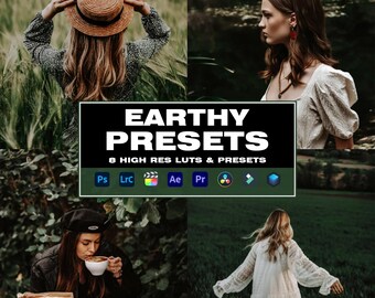 May include: A set of 8 high-resolution Lightroom presets and LUTs called "Earthy Presets". The presets are compatible with Adobe Photoshop, Lightroom, After Effects, Premiere Pro, Final Cut Pro, Davinci Resolve, and Filmora. The image shows a woman wearing a straw hat and a white shirt in a field of green grass.