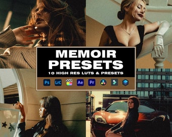 May include: A collage of images featuring people in various settings. The text "MEMOIR PRESETS" is displayed in a black box with white text. Below the text, there are icons for Photoshop, Lightroom, After Effects, Premiere Pro, and other software. The text "10 HIGH RES LUTS & PRESETS" is displayed below the icons. The text "PANIMAR MEDIA" is displayed at the bottom of the image.