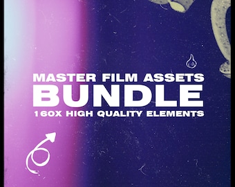 May include: A purple and blue vintage film frame with the text "MASTER FILM ASSETS BUNDLE 160X HIGH QUALITY ELEMENTS" and "PANIMAR MEDIA" in white text.