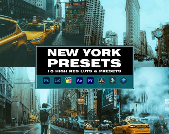 May include: A promotional image featuring a collage of New York City scenes. The central element is a black rectangle with the text "NEW YORK PRESETS" and "10 HIGH RES LUTS & PRESETS." Below are icons for editing software. The image showcases yellow taxis and cityscapes.