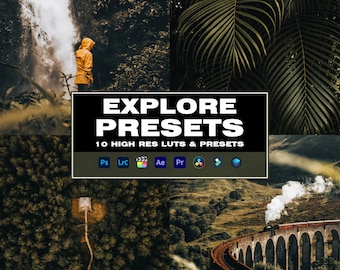 Op de afbeelding: Een collage van afbeeldingen die 10 LUT's en presets met hoge resolutie voor foto- en videobewerking laten zien. De tekst "EXPLORE PRESETS" wordt weergegeven in een zwarte doos met witte tekst. De tekst "10 HIGH RES LUTS & PRESETS" wordt weergegeven in een witte doos met zwarte tekst. De tekst "PANIMAR MEDIA" wordt weergegeven in witte tekst op een zwarte achtergrond.