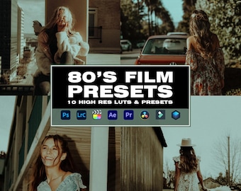 May include: A digital product listing for 10 high-resolution 80's film presets for photo editing software. The presets are compatible with Photoshop, Lightroom, After Effects, Premiere Pro, Final Cut Pro, Davinci Resolve, and Filmora. The image shows a collage of photos with a vintage aesthetic.