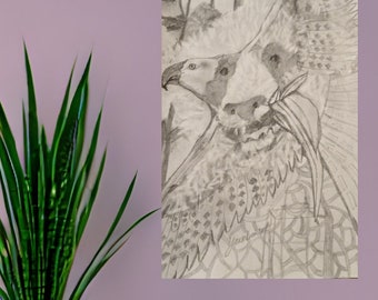 Dibujo de panda y halcón dibujado a mano, árboles en realismo abstracto, decoración artística del hogar, regalo memorable de vida silvestre