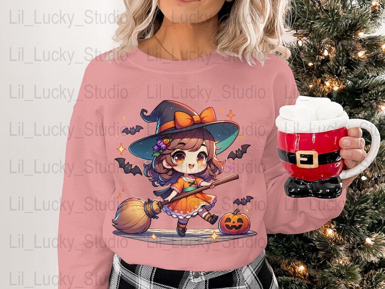 Cute Witch Halloween Digital Art, Halloween Kawaii Witch Illustration