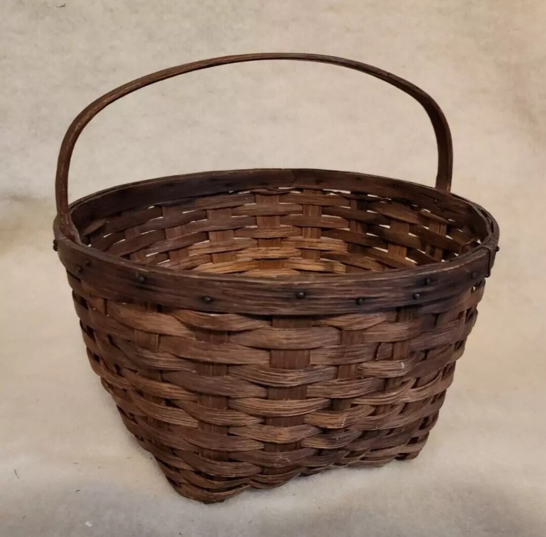 Vintage DARK BROWN Woven BASKET - Walnut Stained - Wood Handle - 7" X 8" - Rustic Farmhouse ...