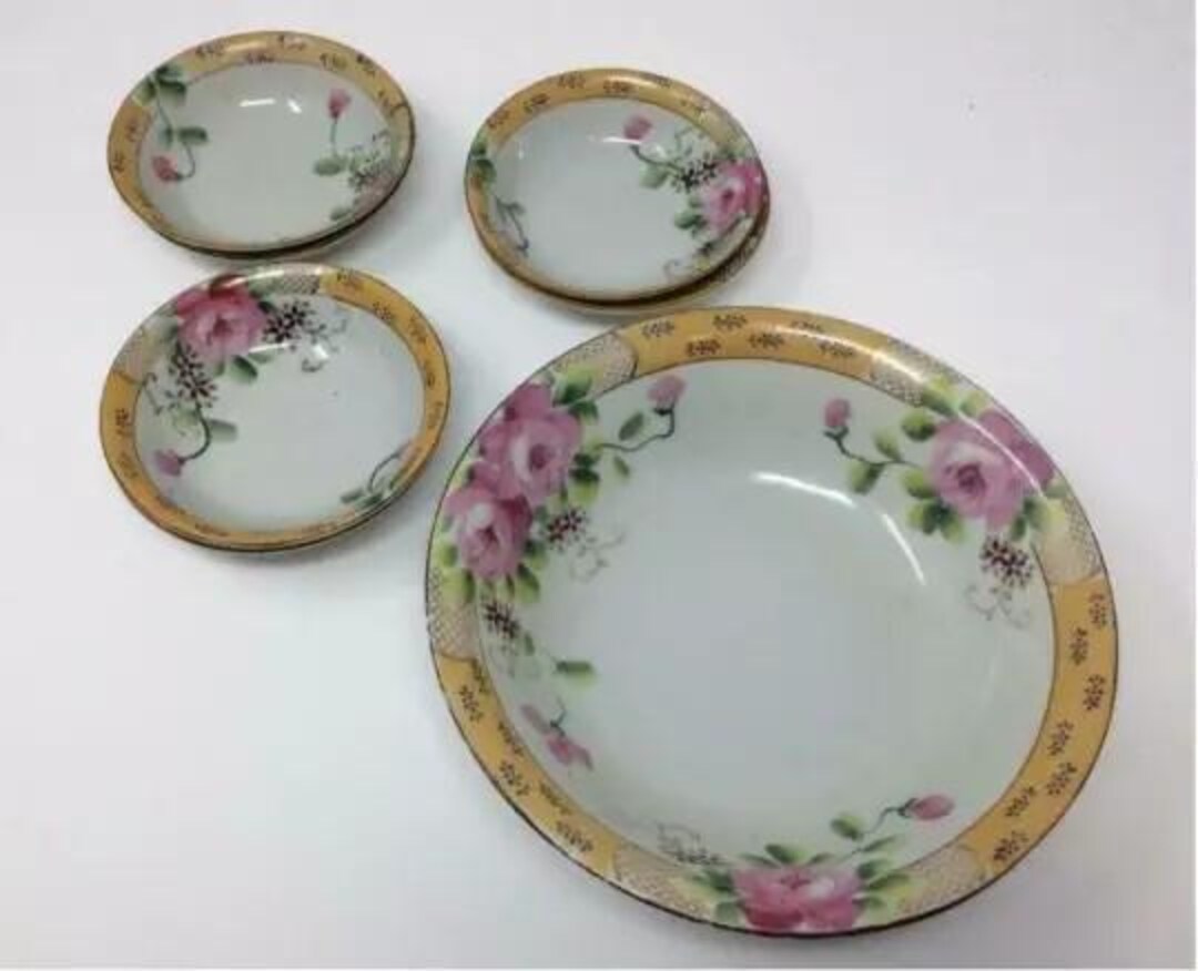 Antique Hand Painted PINK ROSES Porcelain 6 Berry BOWLS & Serving Bowl ...