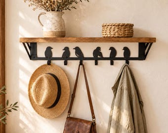 Coat rack with shelf, entryway shelf, bird wall hook, decorative hooks, clothes coat hooks, hat rack for wall, bird lovers gift