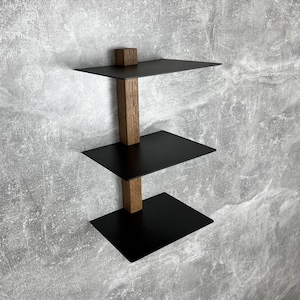 3 tiered floating shelf, rustic wood wall shelf, black metal display shelf, modern decorative shelves for living room or office