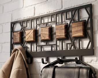 Perchero de pared, percha geométrica de metal y madera, organizador de entrada, almacenamiento moderno para pasillo, decoración minimalista para el hogar.