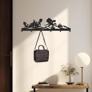 Wall mounted dragon coat rack, lon metal hat rack, coat hanger, gothic wall hanger, black clothing organizer, dragon decor