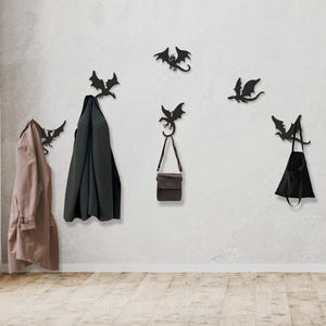 Gothic set of 7 dragon metal hooks, hat hooks, wall coat hooks, whimsical key holder, birthday gift, dragon nursery decor