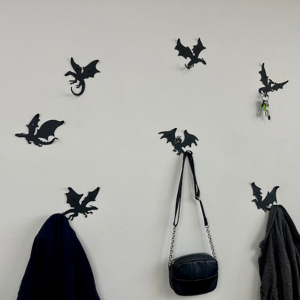 Set mit 7 Drachen Wandhaken, Drachen Wohnkultur, Fantasy-Wanddekor, Kleiderhaken, moderne Garderobe, Tier Wandhaken