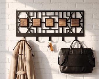 Wall mounted coat hanger, metal entryway key rack with wood elements, modern geometric decor