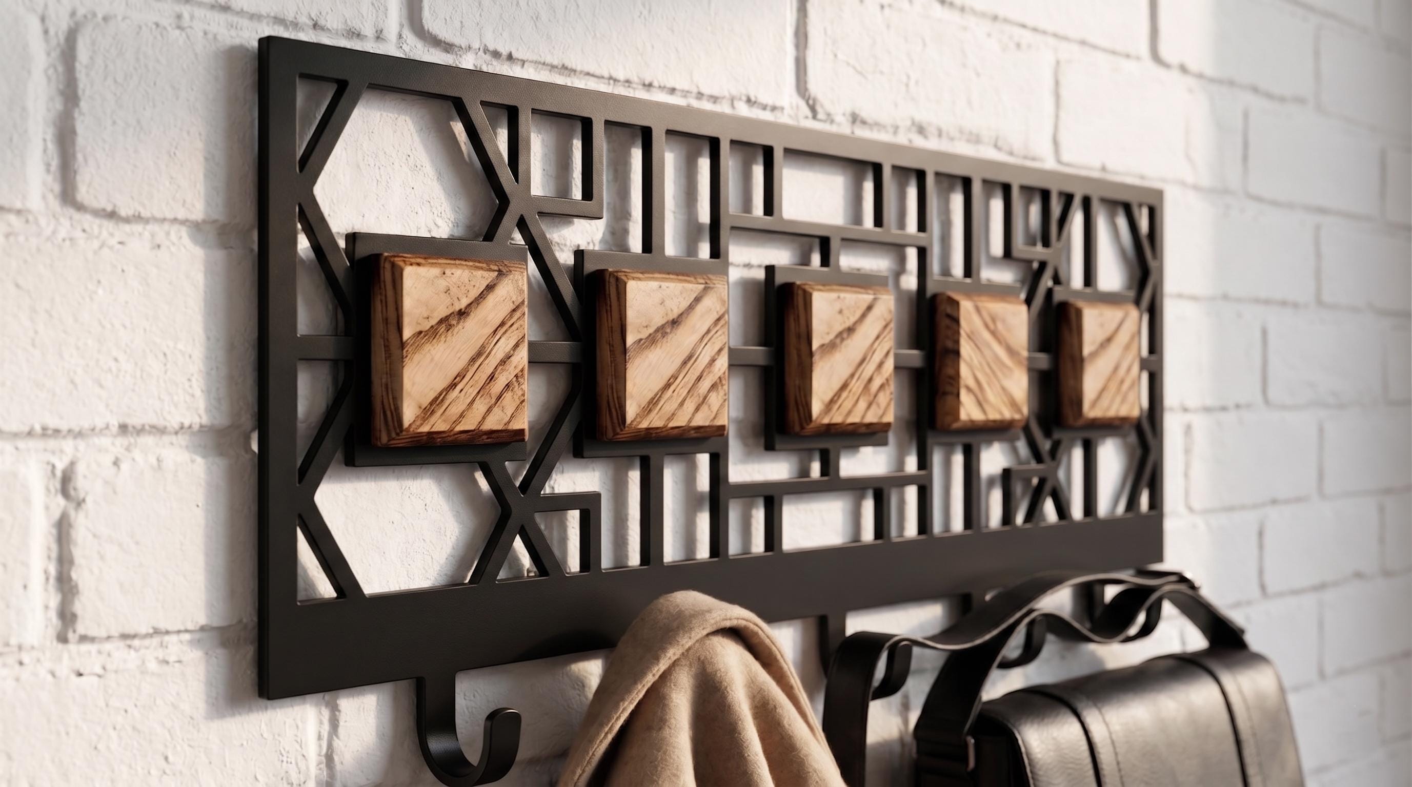 Large wall mounted coat rack, metal and wood key holder, black entryway…