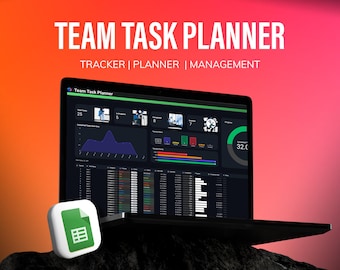 May include: A laptop computer displaying a dark-themed screen with the text "Team Task Planner" and the words "Tracker | Planner | Management". The screen shows a variety of charts and graphs, including a line graph, a bar graph, and a pie chart. The laptop is sitting on a dark surface with a green and white icon of a spreadsheet in the foreground.