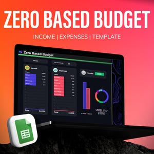 Puede incluir: Una pantalla de computadora portátil que muestra una plantilla de presupuesto de base cero con un esquema de color verde, amarillo y azul. La pantalla muestra una hoja de cálculo con columnas para ingresos, gastos y resultados. El ingreso total es de $ 4,150 y los gastos totales son de $ 3,229. Los resultados muestran un superávit de $ 921. La pantalla también muestra un gráfico de barras y un gráfico circular. La computadora portátil está sobre una superficie oscura. El texto en la pantalla dice "Presupuesto de base cero" y "Ingresos | Gastos | Plantilla".