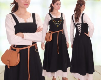 bycalvinashop - ANNA Wool Apron Dress - Medieval Viking Woollen Scandinavian Norse over pinafore Apron dress. Sizes S-10XL.