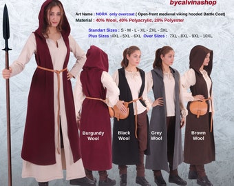 bycalvinashop– NORA Wollen Battle Coat-jurk – Middeleeuwse Viking Wool Battle Coat-jurk met open voorkant met of zonder capuchon. Maten S – 10XL