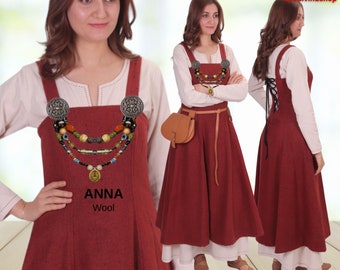 bycalvinashop - ANNA Wool Apron Dress - Medieval Viking Woollen Scandinavian Norse over pinafore Apron dress. Sizes S-10XL.