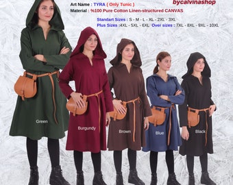 bycalvinashop - TYRA Katoenen Tuniek: Middeleeuws Viking Larp Middeleeuwen kostuum Damestuniek met lange mouwen en capuchon. Maten S t/m 10XL