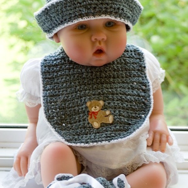 Cheryl's Crochet CC8 baby Chenille Bonnet Booties Bib PDF Download Crochet Pattern