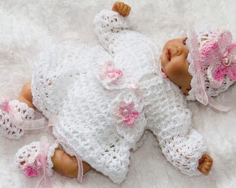 Cheryls Crochet D119 Doll 9 to 10 inches Fancy Floral Matinee and Romper Set PDF Download Crochet Pattern