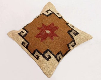 Funda de cojín kilim de yute hecha a mano, alfombra de yute vintage, funda de almohada cuadrada de 18x19