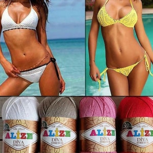 May include: Four balls of yarn in white, beige, pink, and red. Each ball has a label that reads "Alize Diva Stretch" with the text "silk effect" above it.