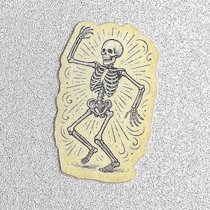 Dancing Skeleton Retro Art Sticker, Vintage Kraft Paper Die Cut Decal, Halloween Gothic Aesthetic Laptop Sticker, Spooky Skullcore Decor