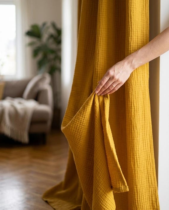 Senffarbener Bio-Stoff - Seidig weicher, umweltfreundlicher Stoff, Boho Home Decor Material, natürlicher Vorhangstoff