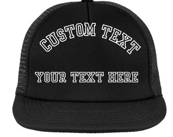May include: Black trucker hat with a curved brim and mesh back. The hat features the text "CUSTOM TEXT" arched across the front, above the text "YOUR TEXT HERE", both in white, block lettering. The hat has a snapback closure.