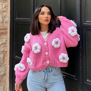 Pink Flowers Daisy Cardigan, Cardigan Women, Gift For Women, Chunky Cardigan, Fluffy Cardigan, Big Flowers Cardigan, Soft Knit Jacket