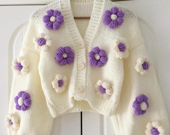 Leilayca Purple Roses Cardigan , Chunky Cropped Cardigan for