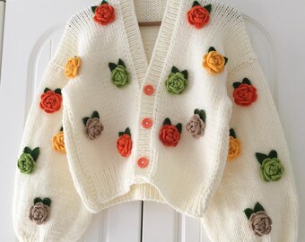 Hand Knit Colorful Roses Cardigan: Chunky Floral Crop Sweater - Etsy