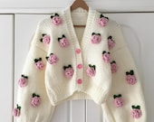 Handmade Pink Roses Cardigan: Floral Chunky Knit Crop Top - Etsy